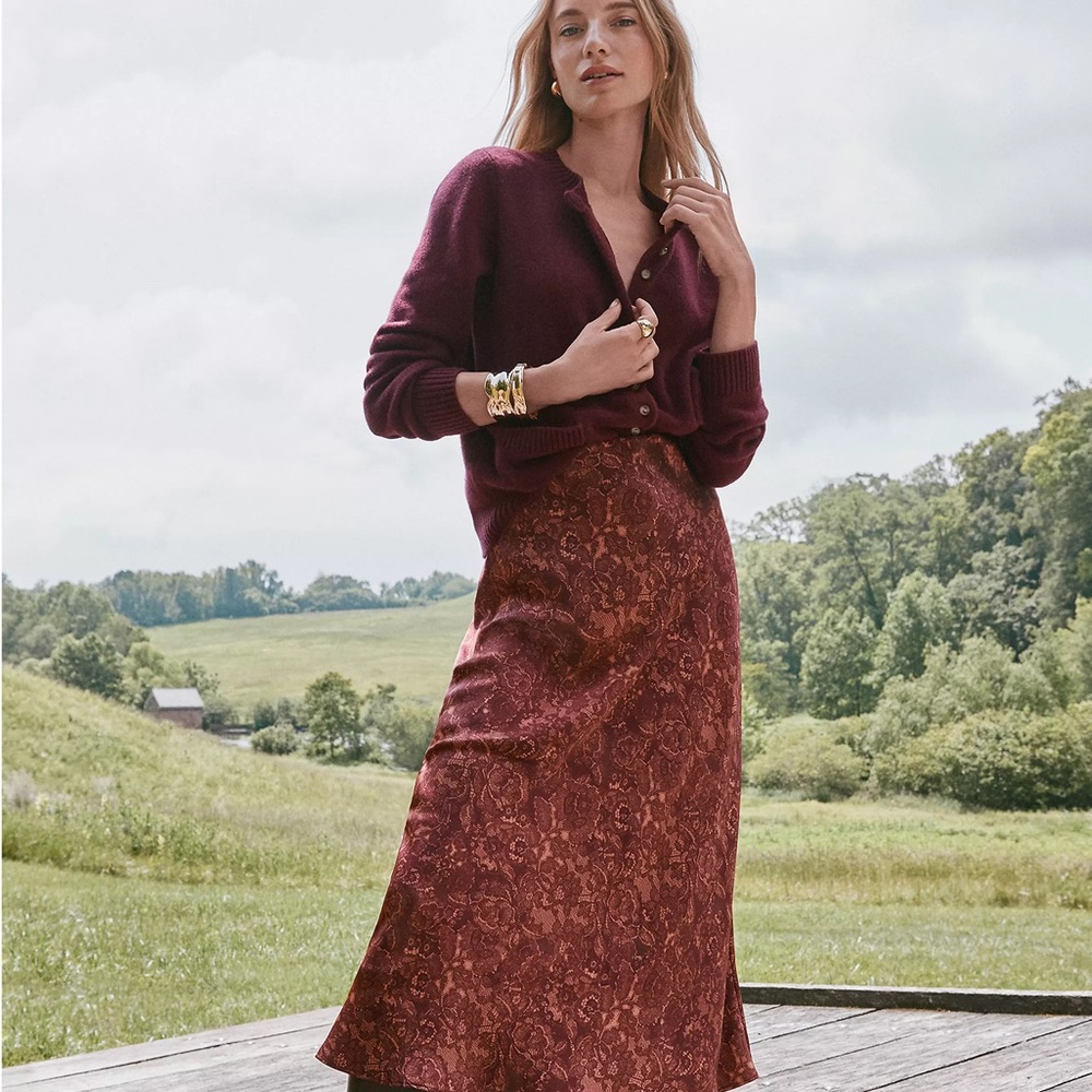 LOFT Burgundy Patterned Midi Skirt